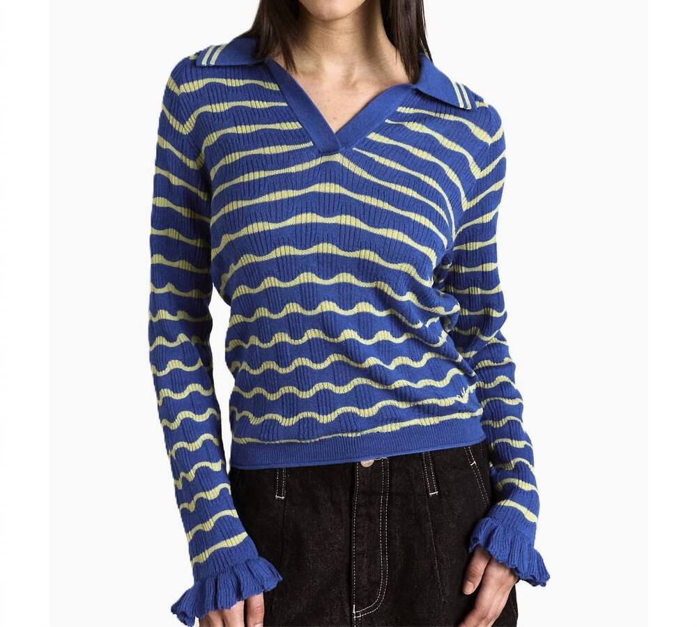 NEW DAMSON MADDER silvia cotton merino blend polo jumper in blue/mint